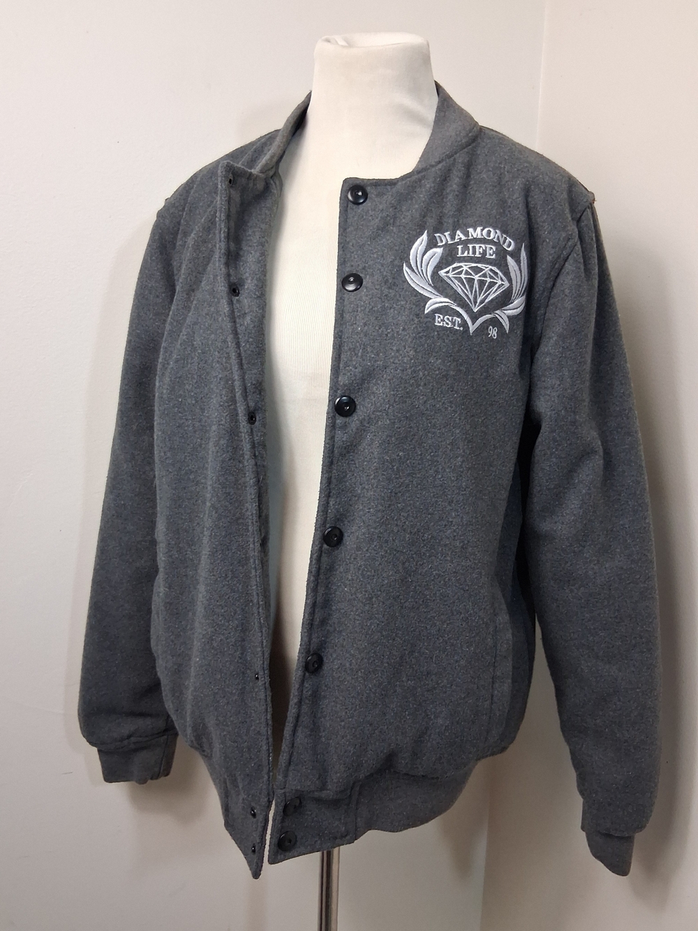 Diamond Supply Co. Gray Button-Front Bomber Jacket with Chest Emblem
